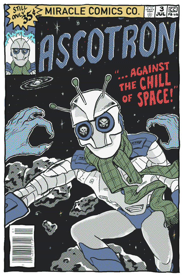 Cover of a 1970s comic book called Ascotron. In outer space, monsters are attacking a robot who wears an ascot.
